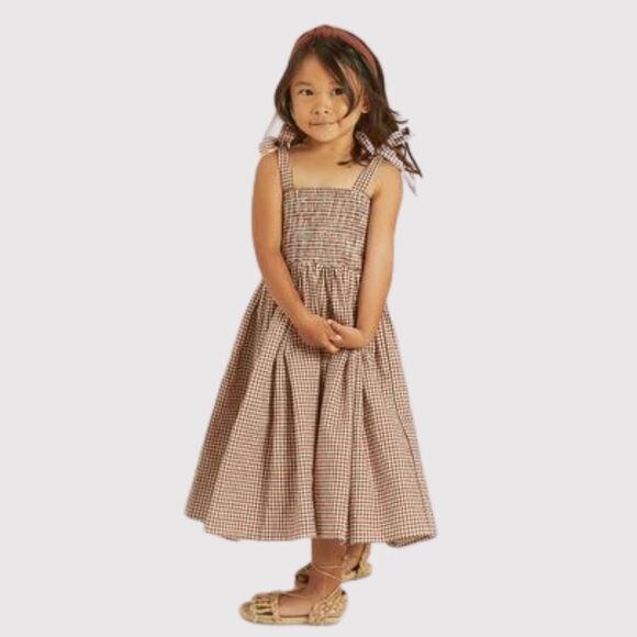 Rylee + Cru Girls Dress Brown Ivy Redwood Gingham Maxi Smocked Fit Flare 10-12Y - Picture 1 of 13